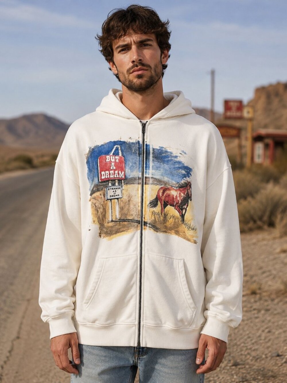 One of These Days But a Dream Horse Graphic Zip Hoodie Cream XL USA